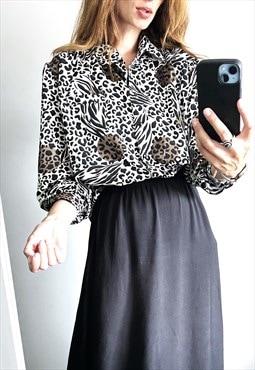 80s Animal Print Buttoned Blouse - Large 
