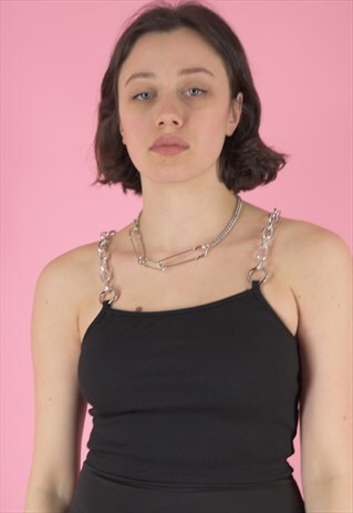 Y2K BLACK TANK TOP WITH SILVER CHUNKY CHAIN HALTER STRAPS