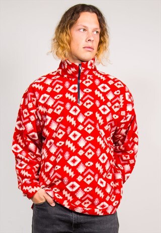90'S FLEECE RED PINK AZTEC PATTERM QUARTER ZIP JUMPER