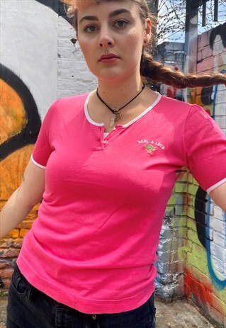 VINTAGE 80S T-SHIRT IN PINK WITH WHITE DETAILS & EMBROIDERY
