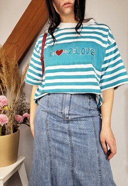 90s Vintage blue striped oversize embroideredT-shirt tee