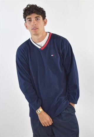 VINTAGE 90S BLUE TOMMY HILFIGER V NECK FLEECE JUMPER
