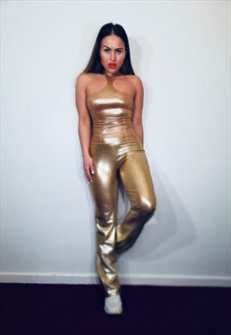 90s y2k gold party halter neck flare trouser co ord set