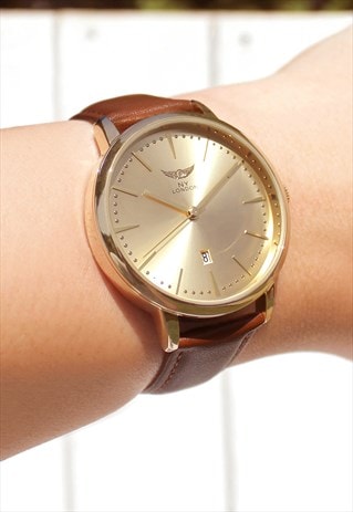 GENTS CLASSIC GOLD LEATHER WATCH WITH DATE