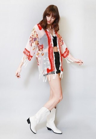 VINTAGE STYLE WHITE & RED VELVET TASSEL FESTIVAL KIMONO