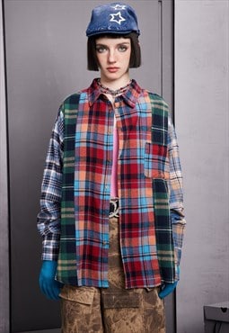 Contrast stitching shirt long sleeve check blouse plaid top