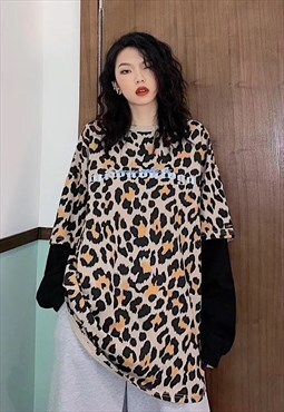 Leopard fake 2 sleeve tee long animal print bleached t-shirt