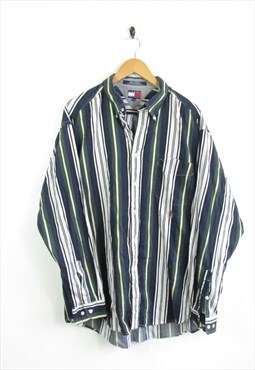 Tommy HIlfiger 90s Green Striped Thick Flannel Over Shirt XL