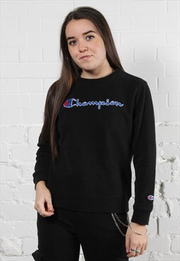 Vintage Champion Sweater in Black with Spell Out Logo Large