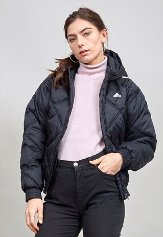 VINTAGE 90'S BLACK PADDED HOODED ADIDAS BOMBER JACKET