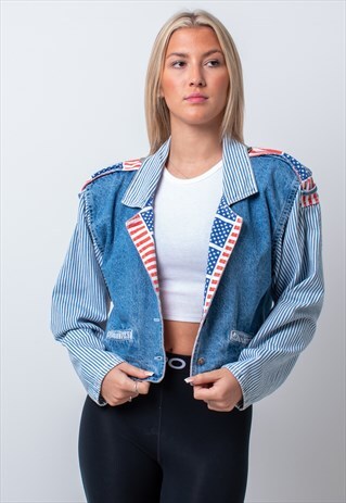 VINTAGE CROPPED USA FLAG DENIM JACKET IN BLUE MEDIUM