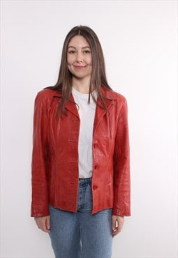 90s red leather blazer, vintage fall causal jacket, woman 
