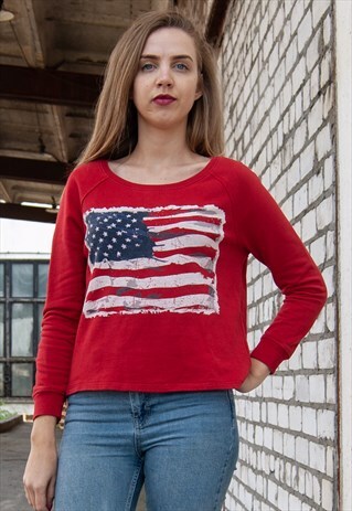 VINTAGE RETRO RED CROP JUMPER WITH US FLAG