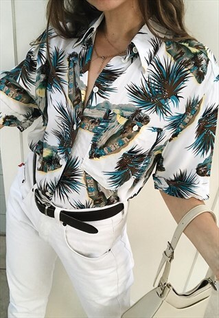 VINTAGE 90S BETTY BARCLAY HAWAII PRINT BLOUSE SHIRT TOP