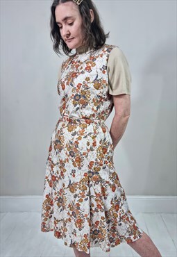 Vintage 70's Red and Blue Floral Belt A-Line Dress