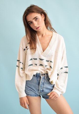 90'S RETRO KNIT ABSTRACT PRINT OVERSIZED DADS JUMPER TOP
