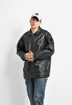 Vintage leather mid long coat black Y2K 90s jacket for men