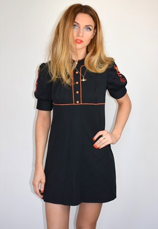 VINTAGE 60S BLACK & EMBROIDERED MINI DRESS