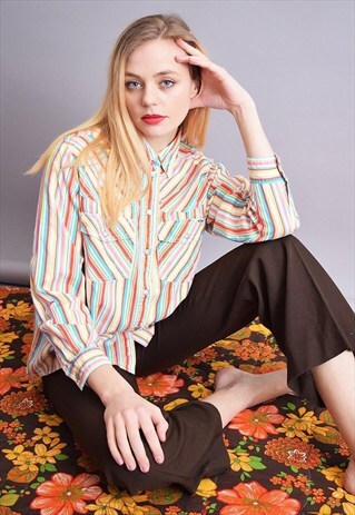 90'S RETRO STRIPED PATTERN OVERSIZED DENIM SHIRT TOP