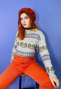 Vintage 90s Abstract Patterned Chunky Floral Knit Jumper
