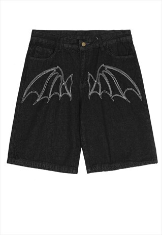 TORN DENIM SHORTS RIPPED BAT PATCH PANTS IN BLACK