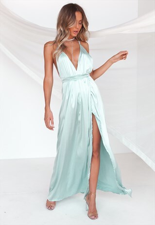 GREEN SATIN MAXI DRESS WITH SPLIT