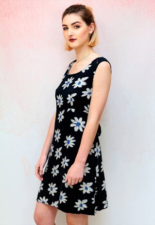 1990S VINTAGE NAVY FLORAL PRINT SHIFT DRESS