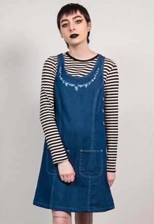 VINTAGE 90'S BLUE DENIM EMBROIDERED PINAFORE DRESS