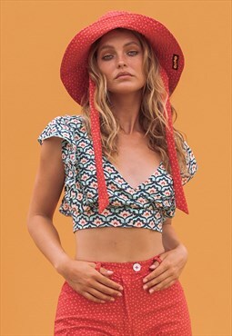 ZOE Women's Summer Frill Detail Tile Print Crop Blouse