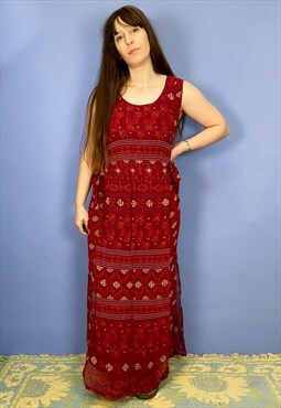 VINTAGE 90's Red Bohemian Floaty Maxi Dress - S/M