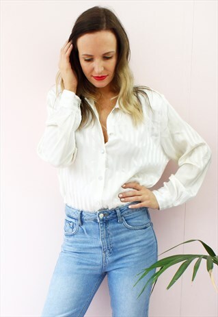 VINTAGE 80'S WHITE SATIN STRIPED SHIRT BLOUSE