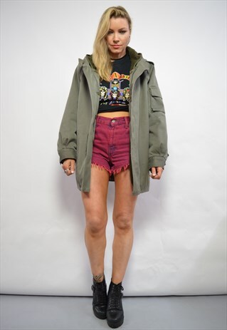 VINTAGE 90S OVERSIZED ARMY GREEN MILITARY HOODED PARKA COAT