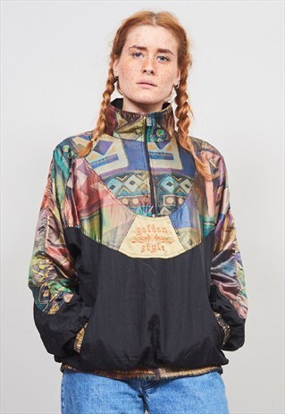 VINTAGE 80'S BLACK/ PRINT PULLOVER ZIP-UP SHELL JACKET