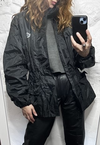 90S BLACK PVC RAIN WATERPROOF PARKA JACKET - S - M