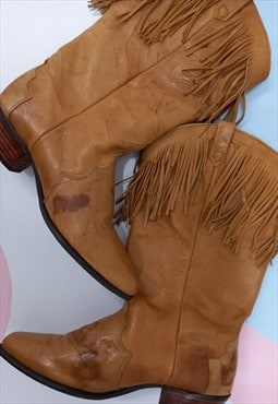 Vintage Dingo Cowboy Boots Tan Brown Leather Fringe Tassel