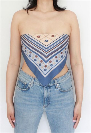 Y2K VINTAGE BLUE CREAM FLORAL PRINT BANDANA SCARF TOP