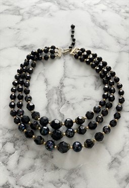 60's Vintage Black Plastic Ladies Gold Beaded Necklace
