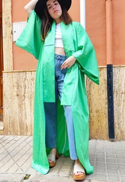 Bright Green Floral Print Full Length Kimono Duster Jacket