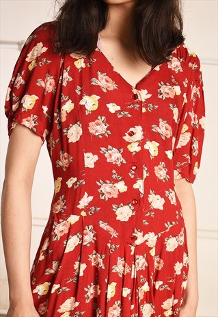 90'S RETRO FLORAL SUMMER MIDI PARIS CHIC TEA DRESS
