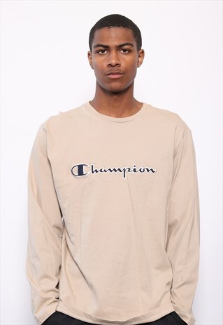VINTAGE CHAMPION PRINT LOGO LONG SLEEVED T-SHIRT BEIGE