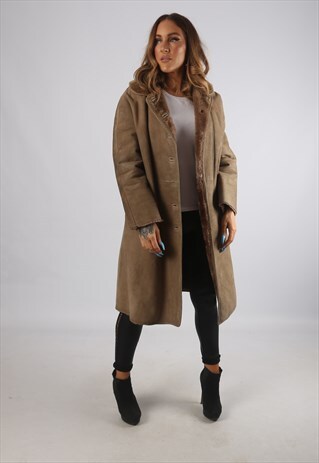 VINTAGE SHEEPSKIN SUEDE SHEARLING COAT UK 12 M (94K)