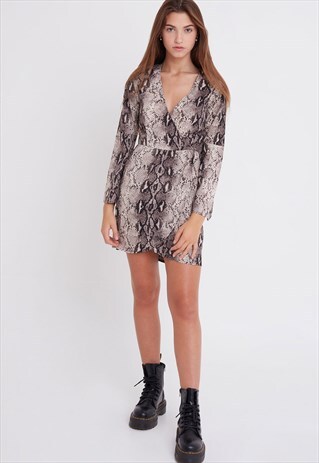 V-NECK WRAP DRESS - BLACK AND BEIGE WITH SNAKESKIN PATTERN