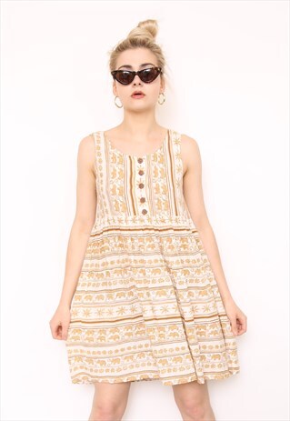 VINTAGE 90S BROWN ELEPHANT BOHO MINI DRESS