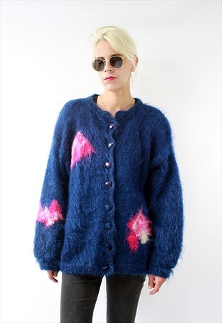 VINTAGE 80'S BLUE JUMPER WITH PINK PATTERNS BUTTONED