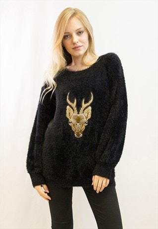 FLUFFY CHRISTMAS JUMPER WITH EMBROIDERED REINDEER IN BLACK