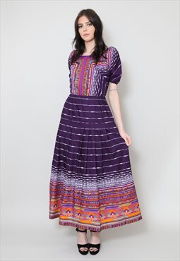 70's Vintage Ladies Dress Purple Puff Sleeve Folk Hippy Midi