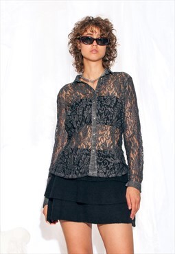 Vintage Lace Top Y2K Grey Sheer Blouse