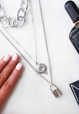 SILVER LINK CHUNKY CHARM LOCK MULTI LAYER STATEMENT NECKLACE