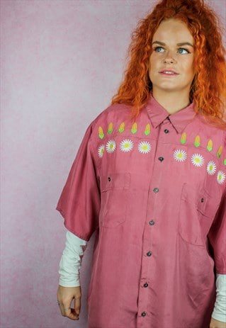 DAISY & CORN EMBROIDERED PINK VINTAGE SILK SHIRT