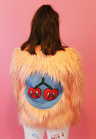 PEACH FLUFFY JACKET WITH HAND PAINTED CHERRY DESIGN